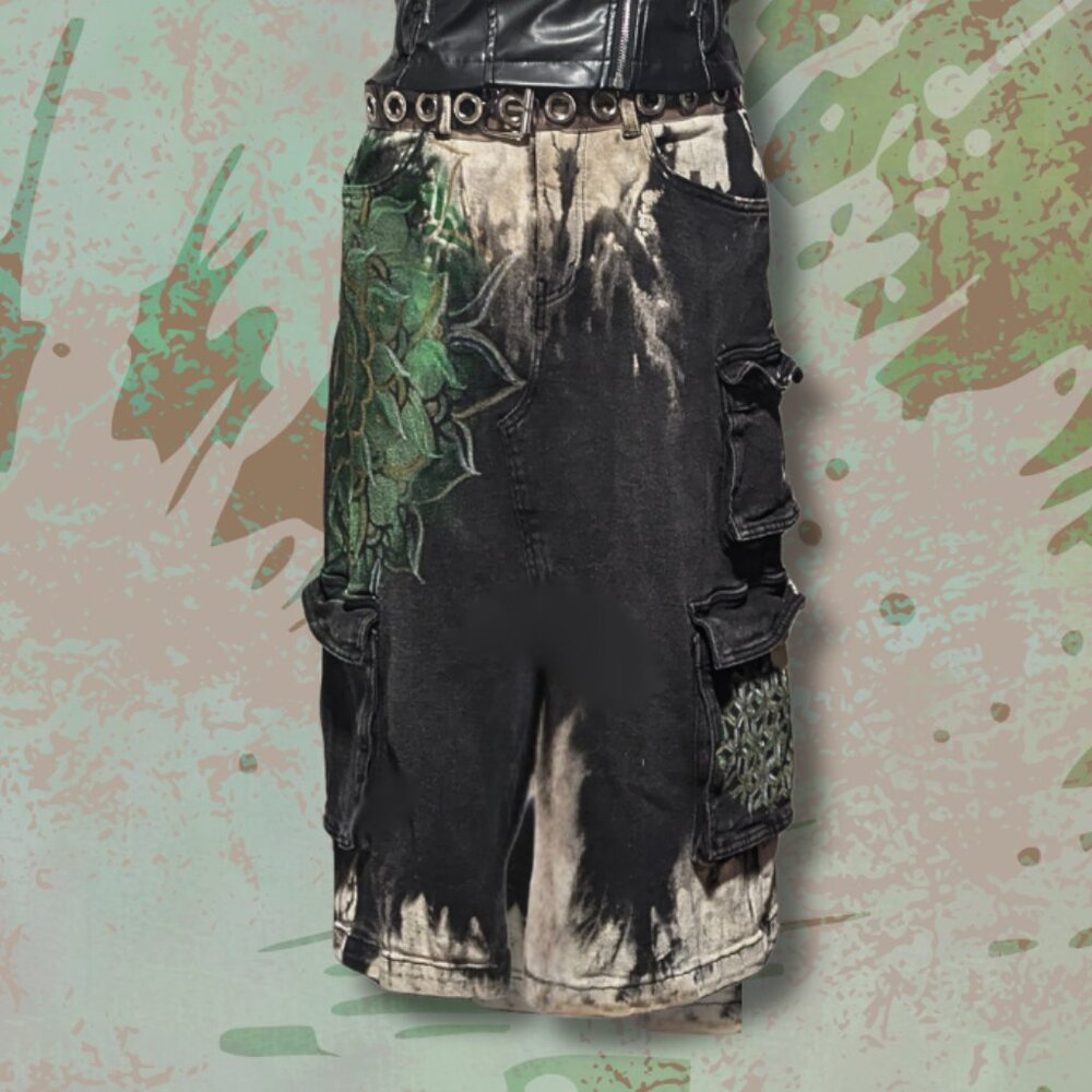Hand Painted and Discharge Dyed Denim Midi Cargo Skirt sz M